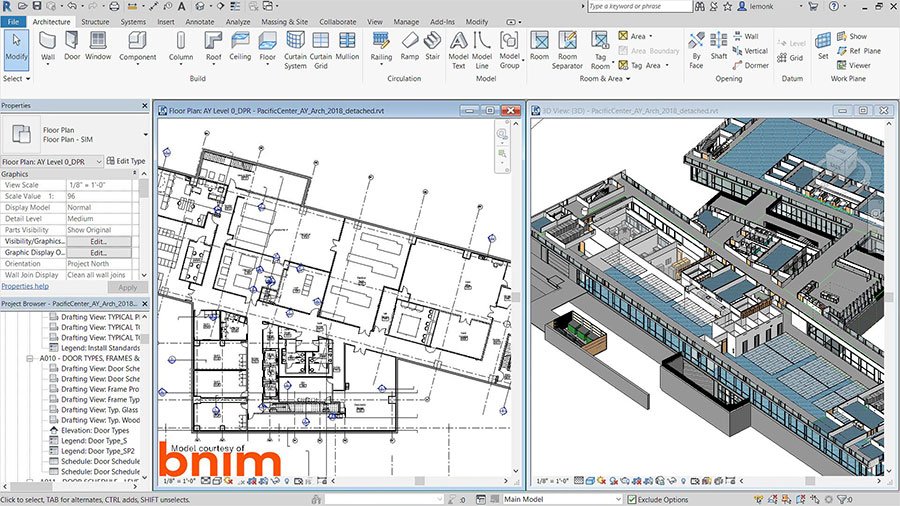 Revit Architecture BIM software interface with building information modeling and construction documentation